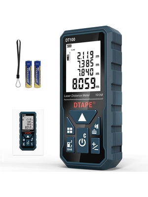 Metro Laser 100m, DTAPE DT100 Telemetro Laser Distanziometro Laser Impugnatura Portatile Strumento di Misura Digitale Rilevatore di Portata Display LCD a 4 Righe Retroilluminato Grande IP54 Antiurto