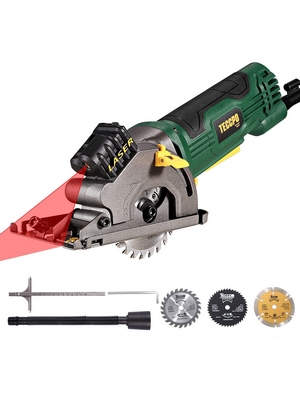 Sega Circolare, TECCPO 3500RPM 480W Mini Sega Circolare con Laser, 3 Lame Ø 85 mm, Profondità di Taglio Max: 27mm, per Legno, Plastica, Metallo Morbido e Piastrelle