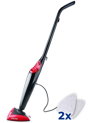 Vileda Steam Scopa a Vapore con 2 Panni in Microfibra, Filo di 6 m, per Pavimenti, per Parquet, per Tappeti, 1550 W, 0.4 Litri, Plastica, Nero/Rosso