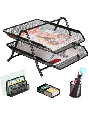 Exerz Ufficio Set di 4 PZ/Organizzatore Da Scrivania - Ripiano Portalettere, Portatessere, Supporto Per Block-Notes & Graffette, Ripiani Per File 2 Strati - Ufficio, Scuola, Studio (Nero)